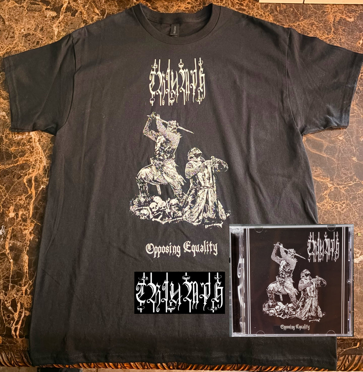 OFFICIAL Triumph "Opposing Equality" CD, T-Shirt & Logo Sticker bundle.